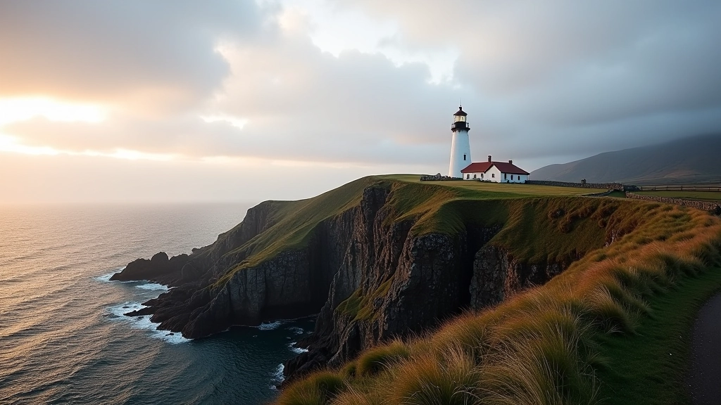 White lighthouse tower standing on rocky headland with dramatic sea cliffs in the distance
