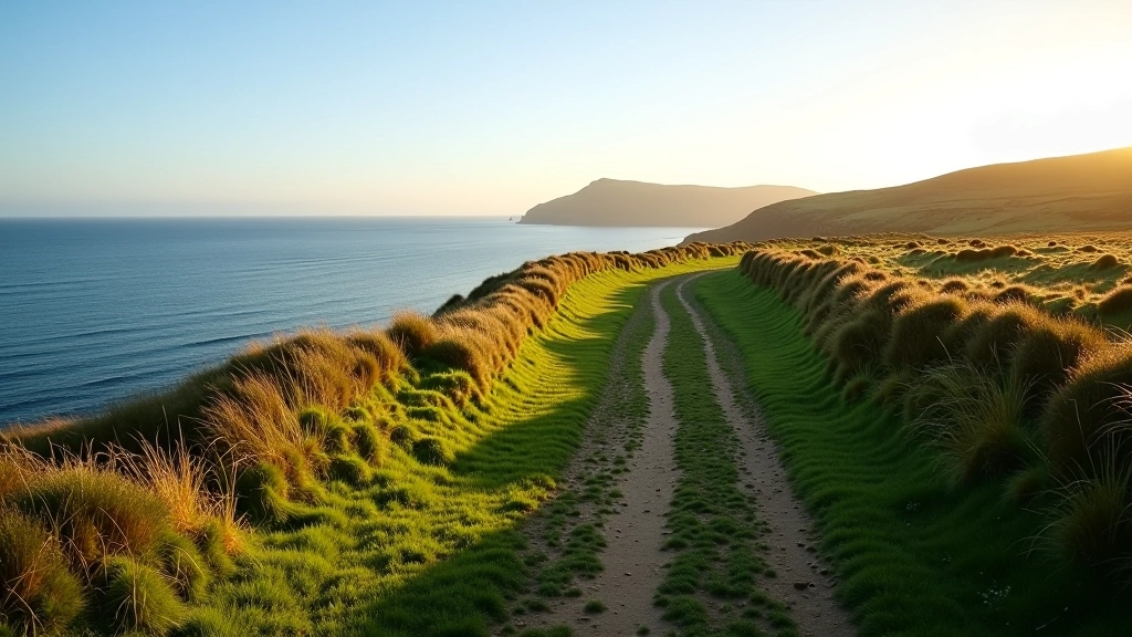 Close-up of coastal path with green grass, worn footprints visible, ocean and sky in background, Fanad Head