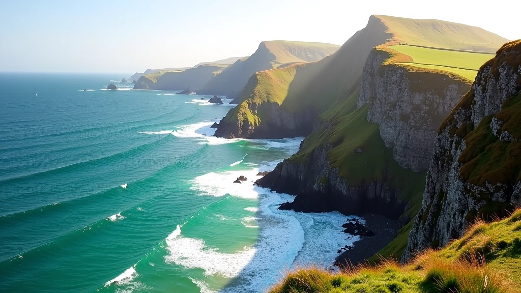 Dramatic clifftop view showing rocky headland jutting into turquoise Atlantic Ocean, white foam at base
