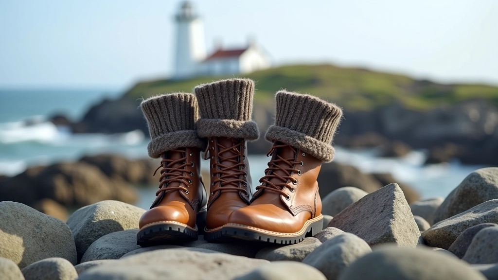 Selection of hiking boots and thick wool socks arranged on rocky coastal terrain with ocean backdrop