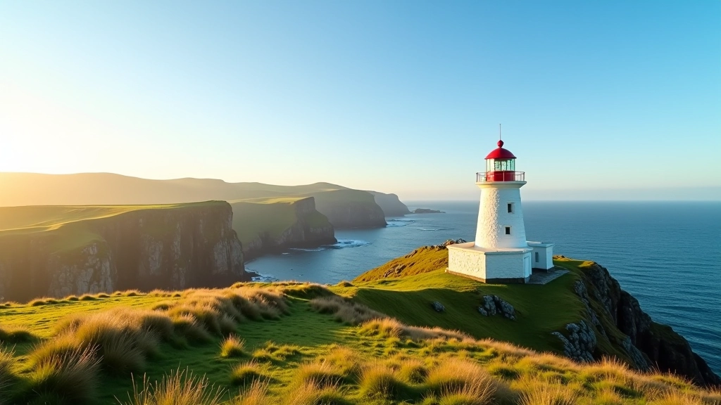 Fanad Head lighthouse standing on rocky headland with green grass in foreground, dramatic coastal landscape and blue sea beyond