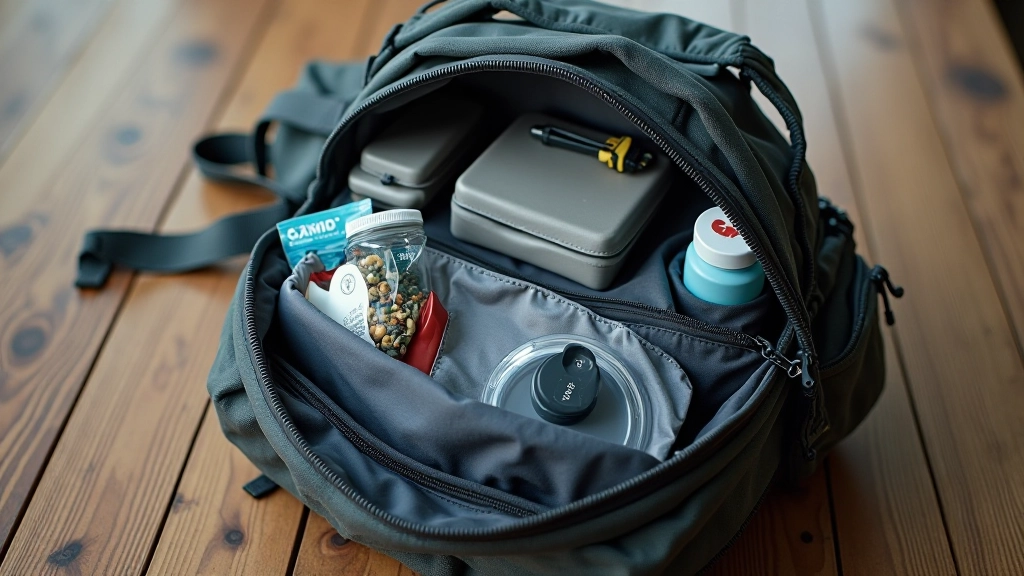 Organized hiking backpack with visible compartments containing water bottle, snacks, and safety equipment