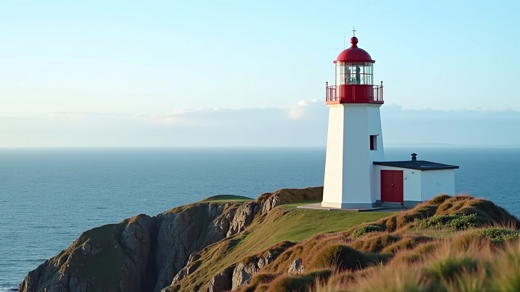 Red and white striped lighthouse tower standing on rocky peninsula with ocean and cliffs in background