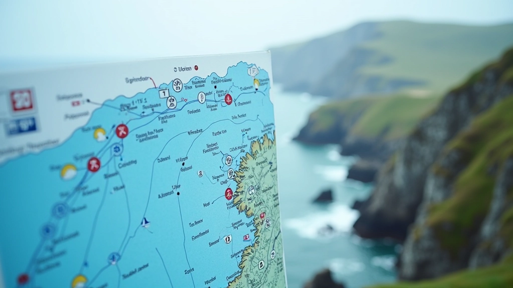 Weather forecast display showing changing conditions across Irish coast with wind and rain symbols