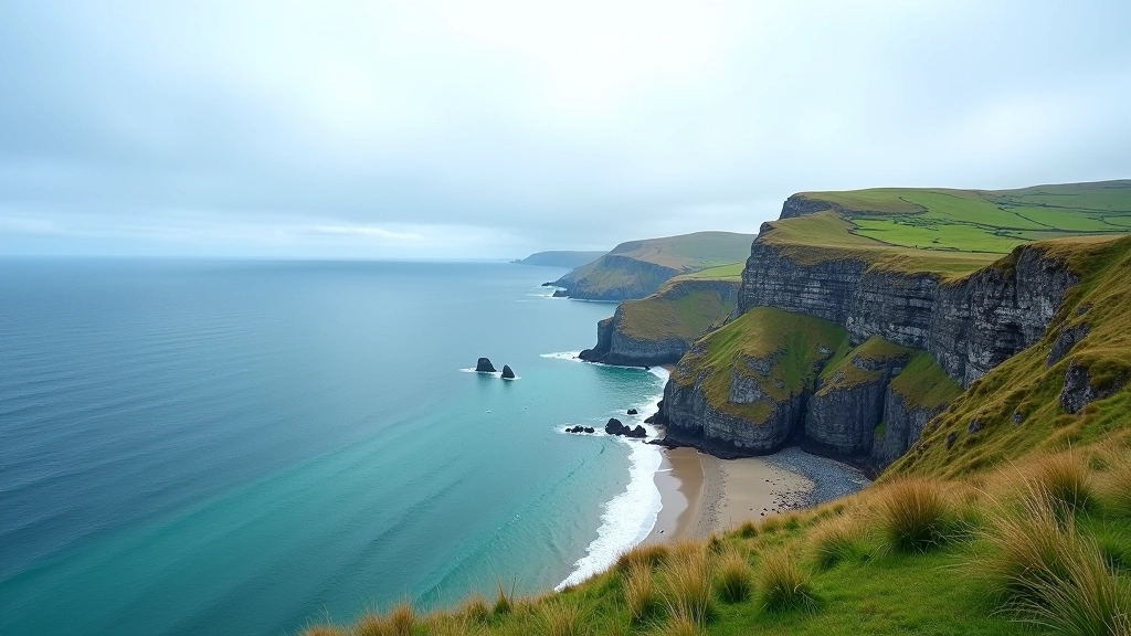 Panoramic view of Donegal coastline showing multiple cliffs, beaches, and ocean stretching to horizon